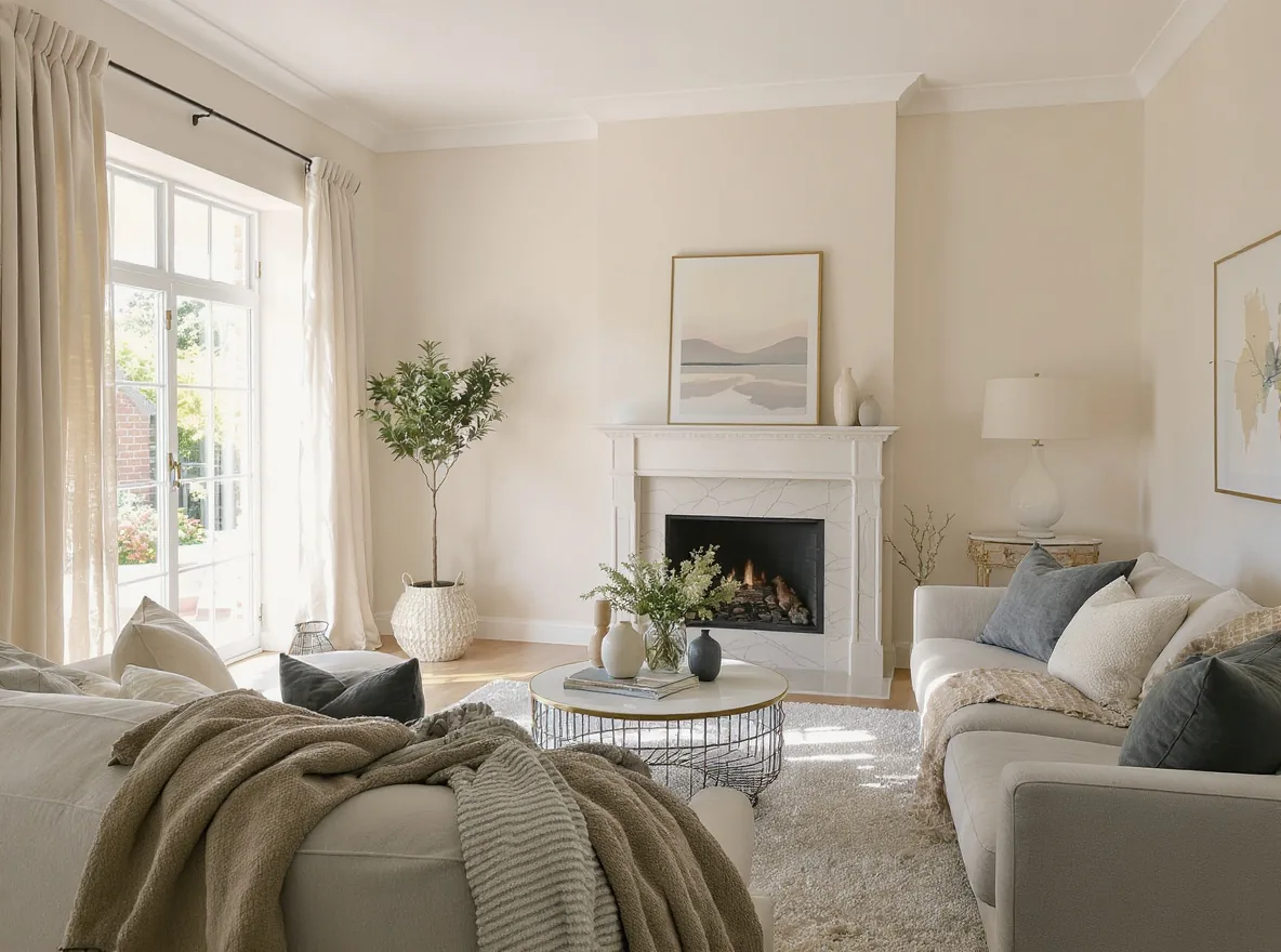 A decluttered, neutrally painted living room in a Durbanville home, staged and photographed for a spring property listing